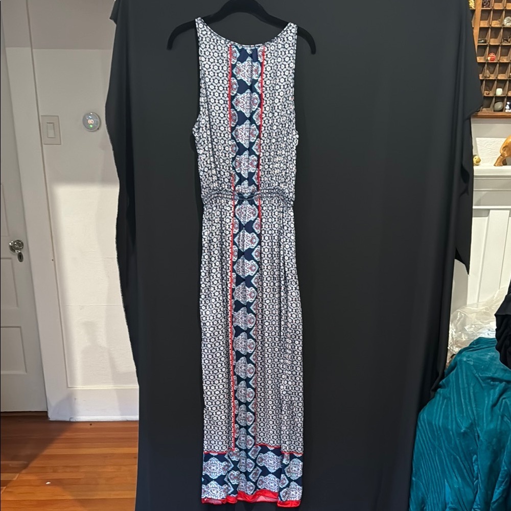 Max Studio Elegant Blue and Red Patterned Dress, Large